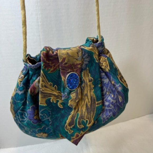 JT Beckett Handmade Tie Crossbody Purse w/Sparkling Blue Brooch Small 7.5"x6" - Picture 2 of 11